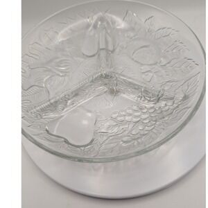 Vintage Kim Indonesia Divided Glass Relish Candy Nuts Tray Embossed Fruit Design